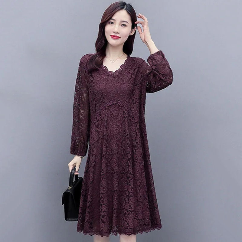 2023 NEW Ladies Lace Dress Mid-Long Spring Autumn Women Dresses Vestidos Elegant V-Neck Long Sleeve Bottoming Dress Female alx