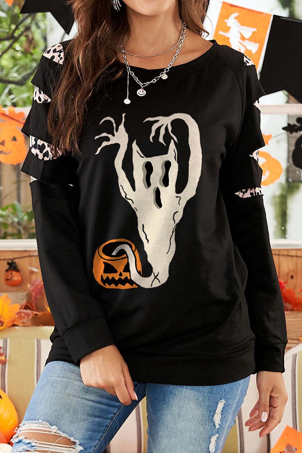 Women’S Sweatshirts Leopard Pumpkin Ghost Sweatshirt