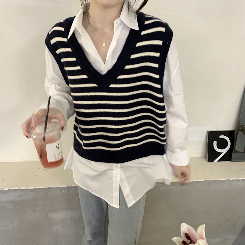 2021 Fashion Stripe Sweater Vest Women Oversized Striped Knitted Vest Sweaters Vintage V Neck Sleeveless Female Waistcoat Tops alx