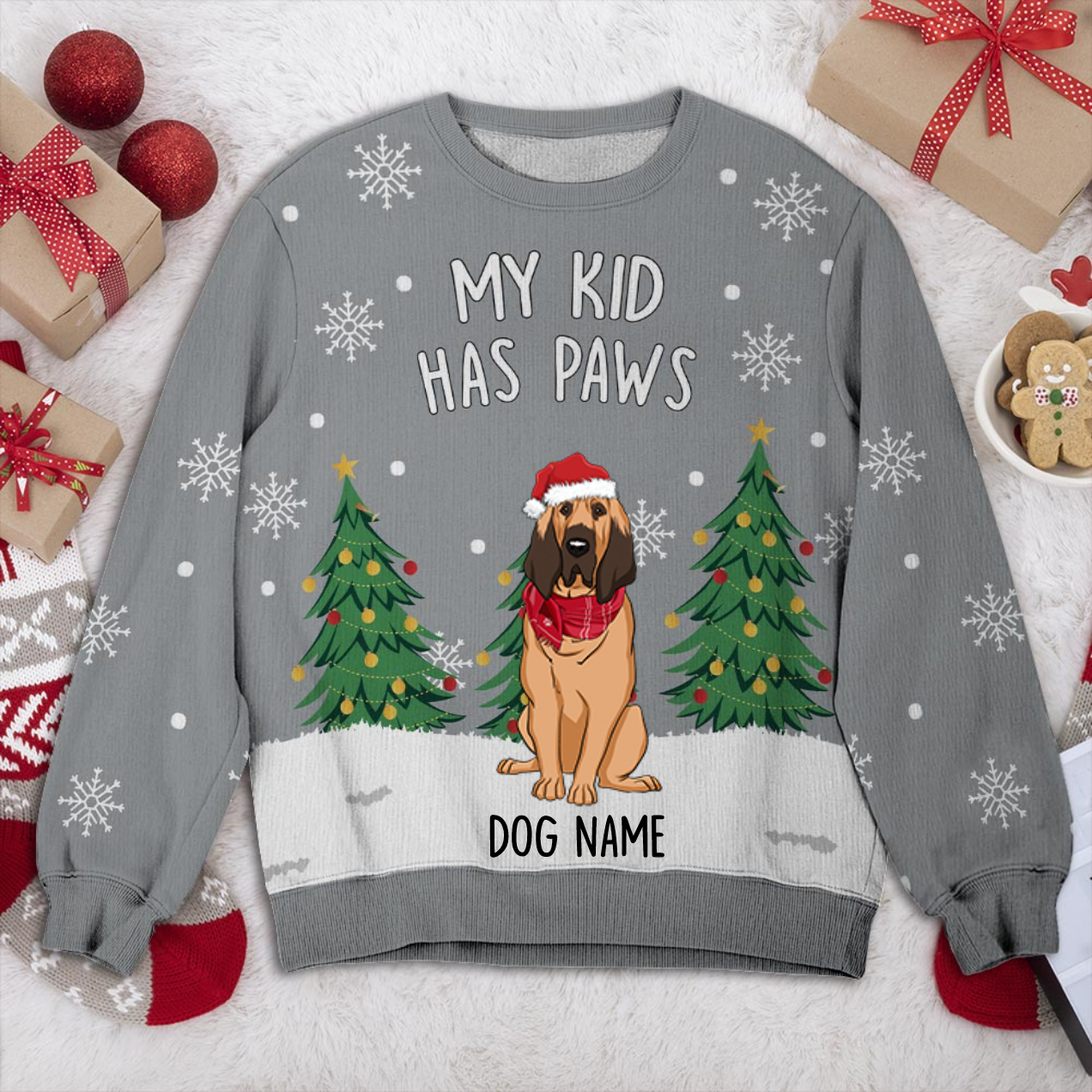 Bloodhound My Kid Has Paws Personalized Sweater, Dog Ugly Christmas Sweater