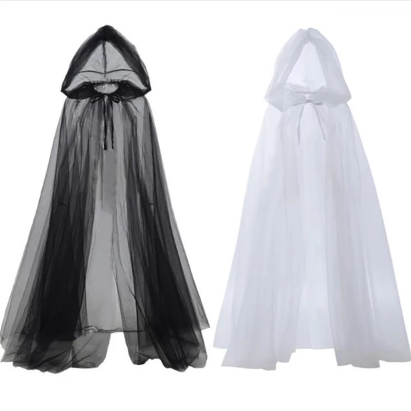 Witch Costume Elf Cloak Women Halloween Hooded Tulle Cape Cosplay alx