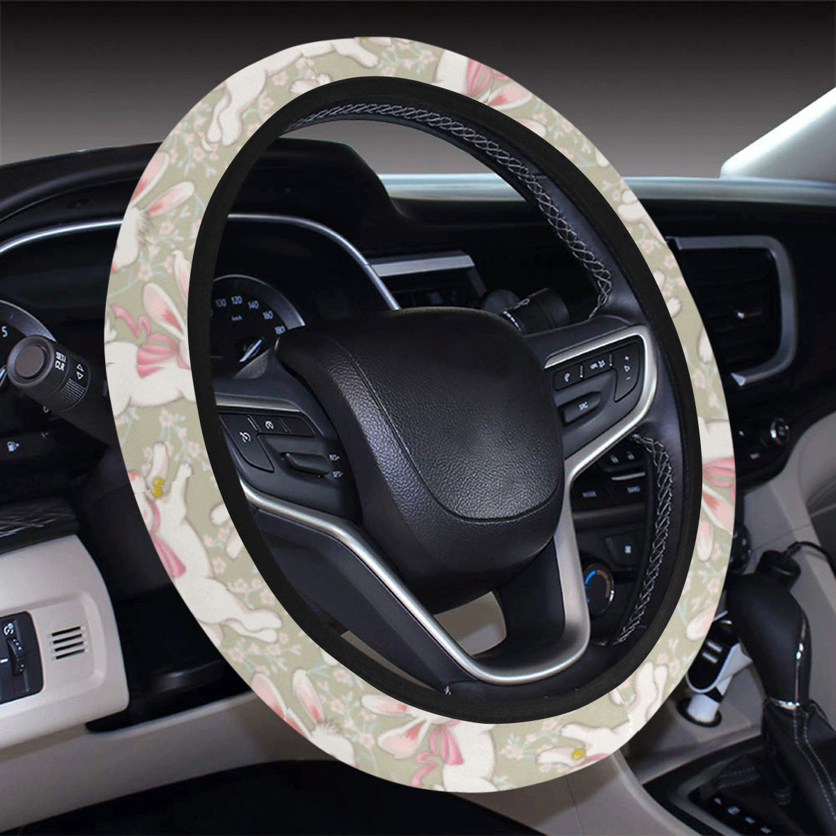 Bunny Pattern Print Design 06 Steering Wheel Cover With Elastic Edge