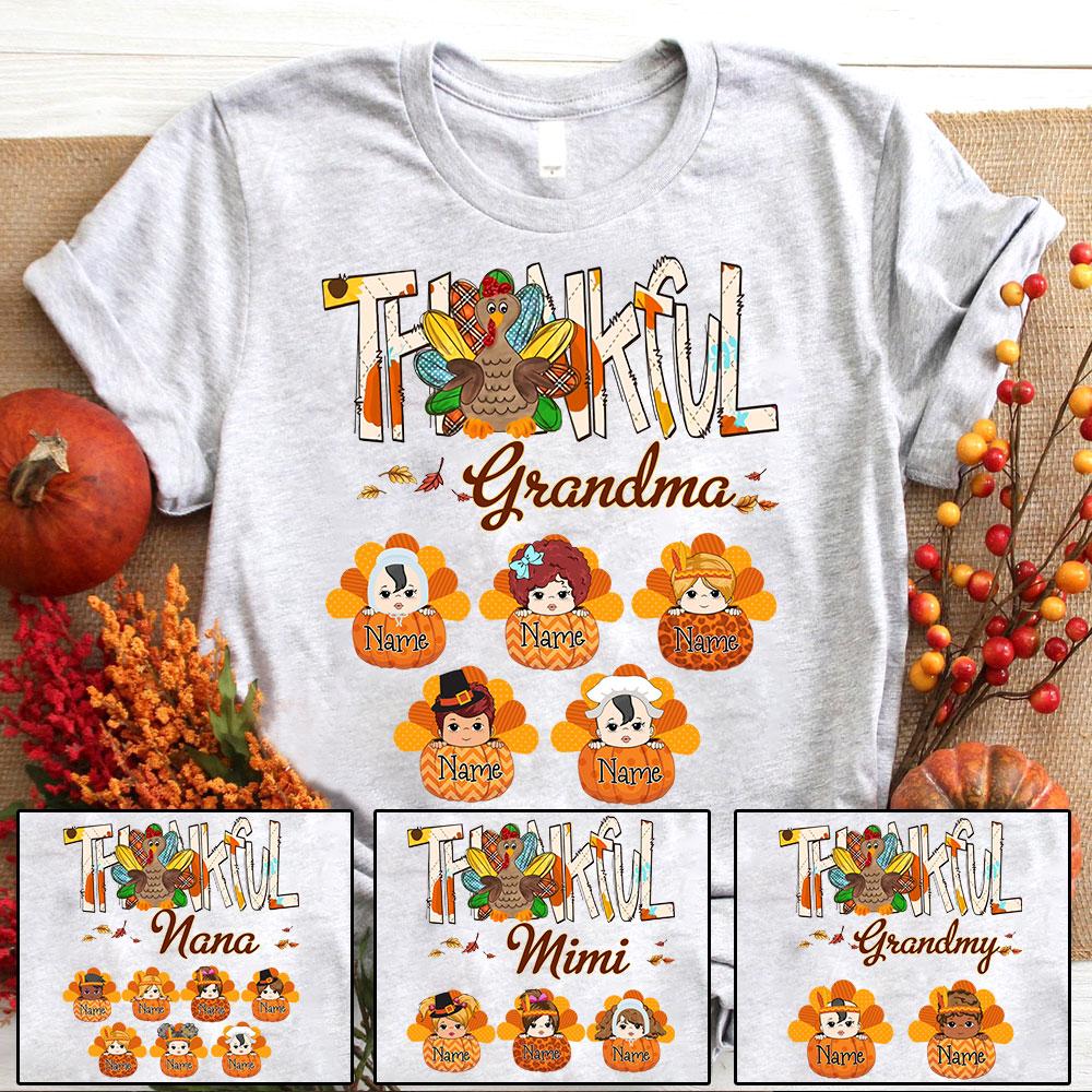 Thankful Grandma Turkey With Kids Shirt, Funny Grandma Nana Mimi Thanksgiving Shirt, Custom Grandma With Grandkids Name Shirt