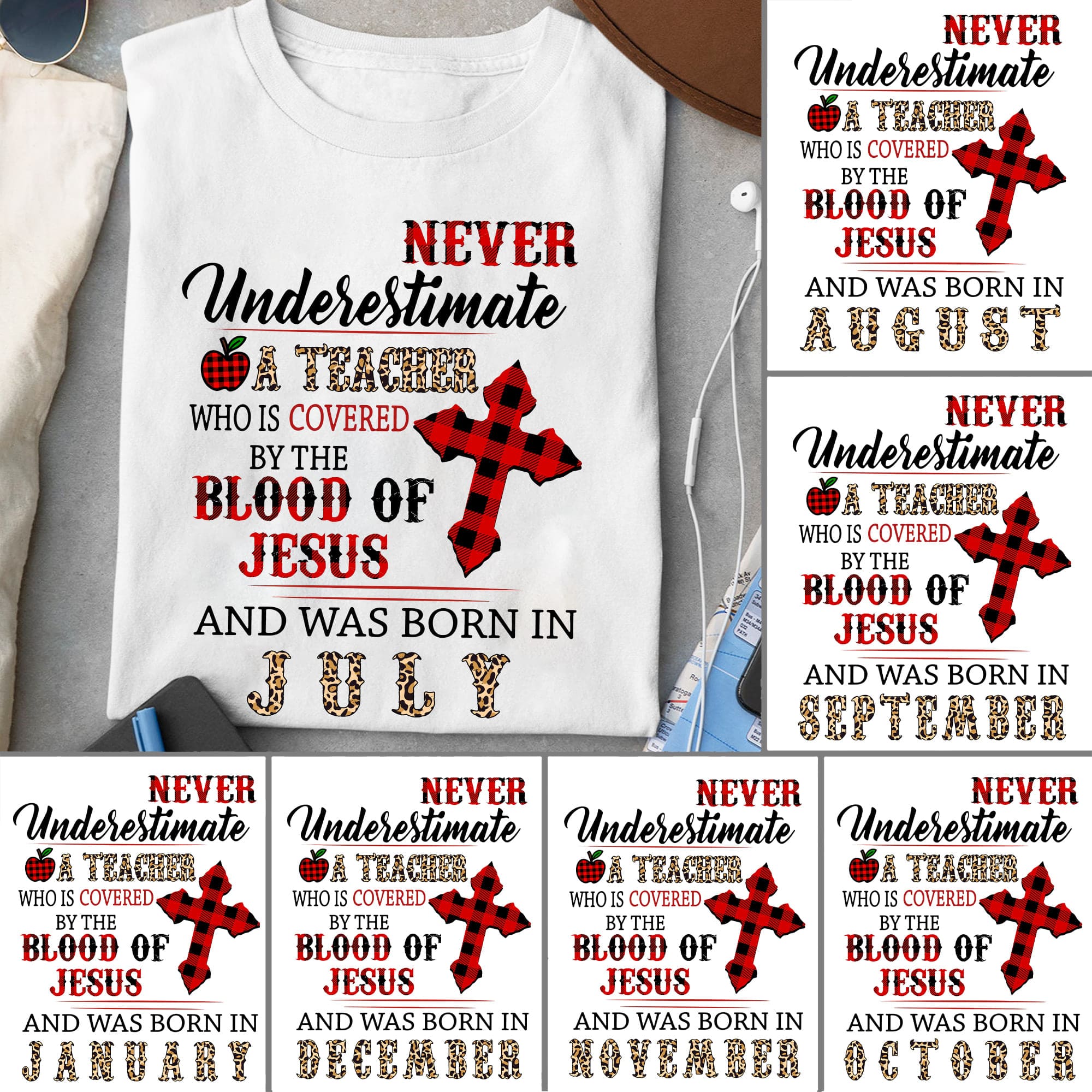 Personalized T-Shirt Never Underestimate A Teacher Christ Cross Printed Leopard Design Custom Month