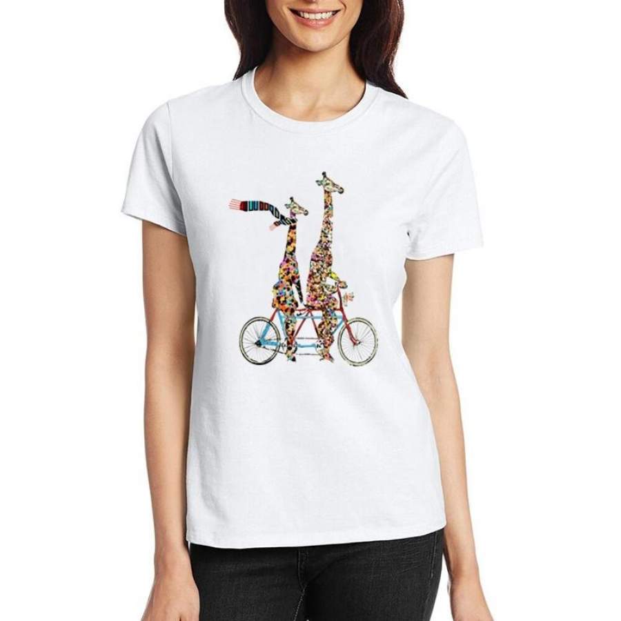 2018 Cartoon Giraffe Riding T-Shirts Women Summer Tops Print Animal T Shirt Women O-Neck Short Sleeve Tshirts Plus Size