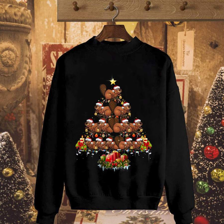 Beavers christmas xmas tree lights santa hat candy cane happy season black sweatshirt for men and women S-5XL