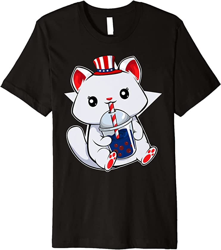 Cat Drinking Boba 4th Of July Kawaii Kitten American Hat Premium T-Shirt