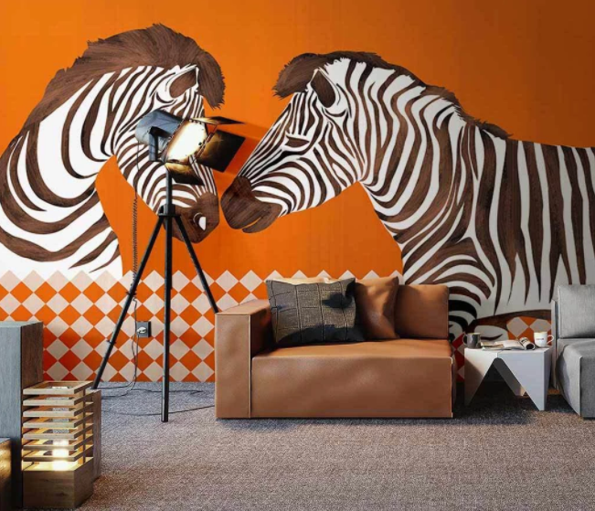 3D Hand Drawn Zebra Animal Orange Wall Mural Wallpaper Lxl