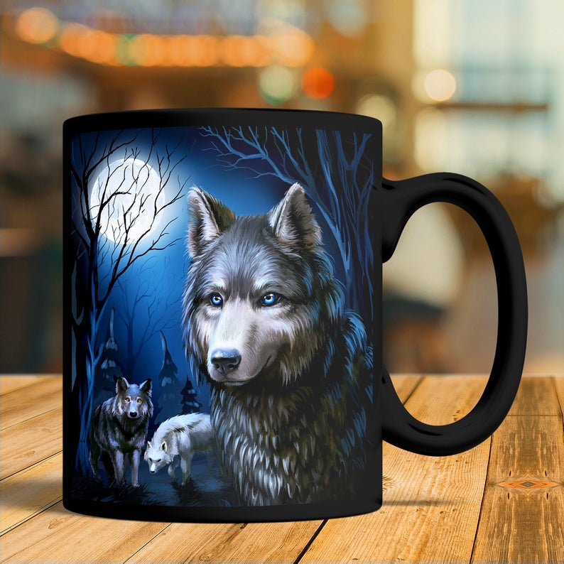 Wolf Coffee Cup Wolf Black Mug Animals Mug Gift For Friend Family Double Side Printed Ceramic Coffee Mug Tea Cups Latte