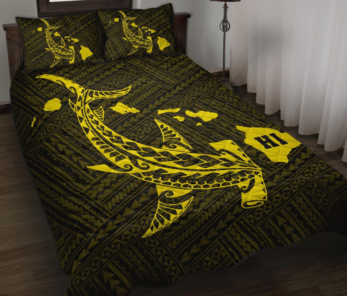 Alohawaii Home Set – Hawaiian Map Hamerhead Shark Polynesian Quilt Bedding Set Yellow – Ah – J1