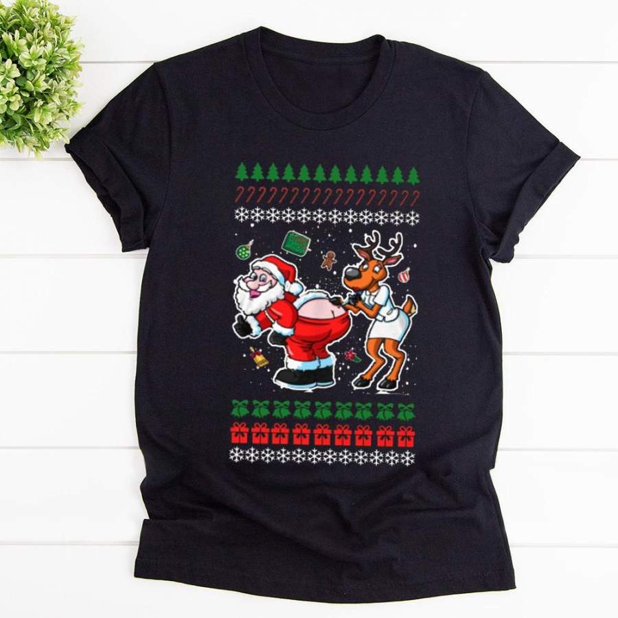 Christmas santa & reindeer nurse candy cane gift black cotton t shirt for men and women S-6XL