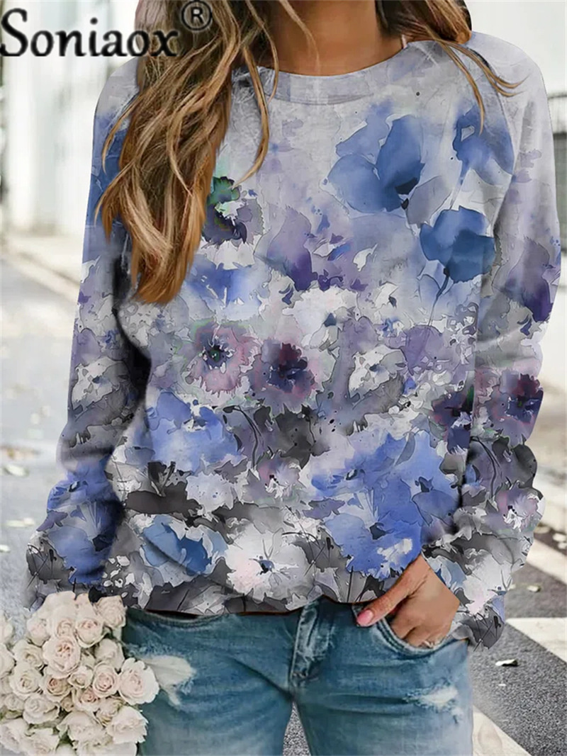 Women Sweatshirts 2022 Autumn Winter Fashion Floral Print Long Sleeve Pullover Female Crew Neck Loose Hoodies Streetwear Commute alx