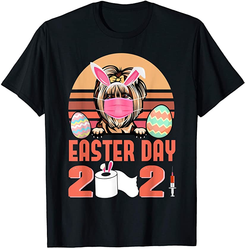 Yorkshire Terrier Dog Face Mask Bunny Egg Easter Day 2021 T-Shirt