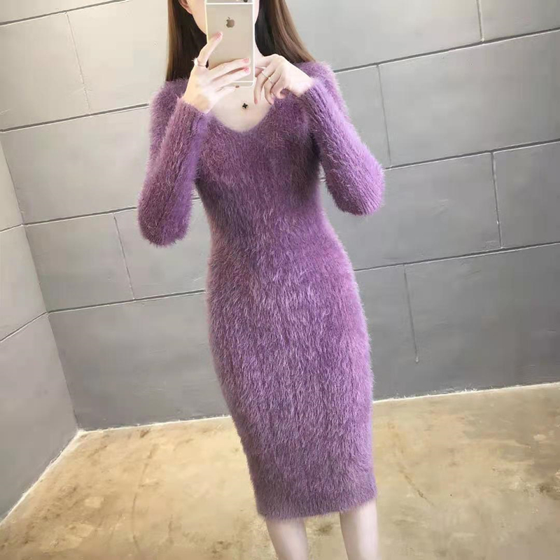 Women’s Winter Clothing 2023 Imitation Mink Wool Thick Warm Turtleneck Sweater Dress Sheath Bodycon Dresses For Women Casual alx