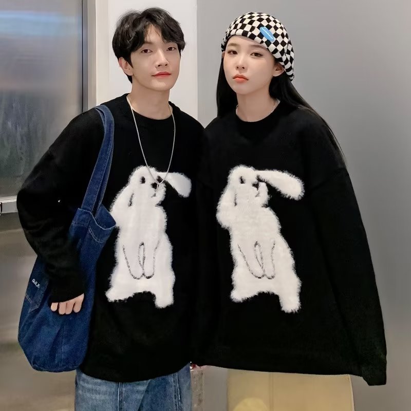 ZAZOMDE 2022 Autumn Harajuku Retro Cartoon Cartoon Rabbit Knitted Sweater Oversize Winter Jumper Couple Sweater Pullover Sweater alx