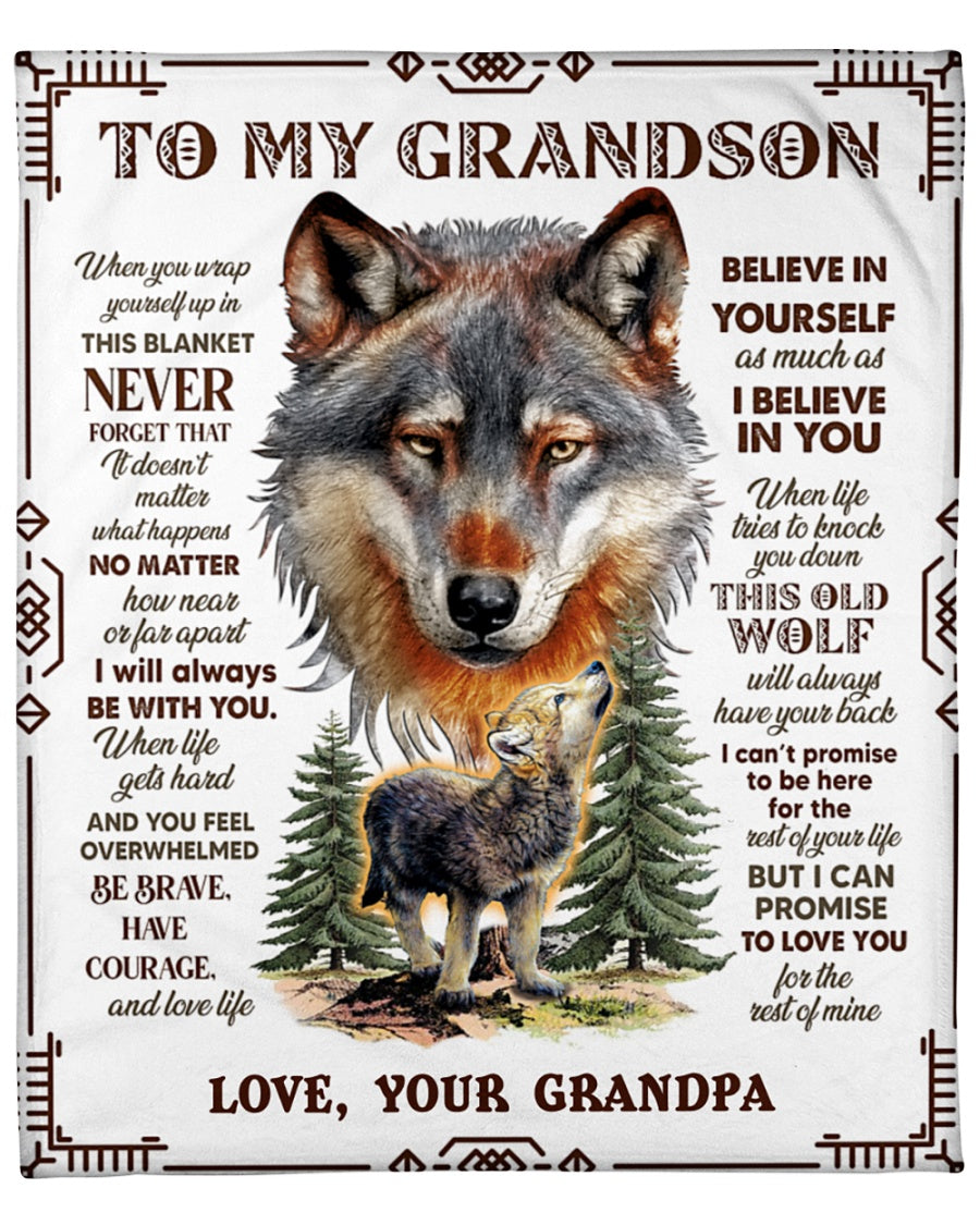 Wolf To My Grandson From Grandpa Believe In Yourself Blanket Gift For Grandson Family Home Decor Bedding Couch Sofa Soft And Comfy Cozy