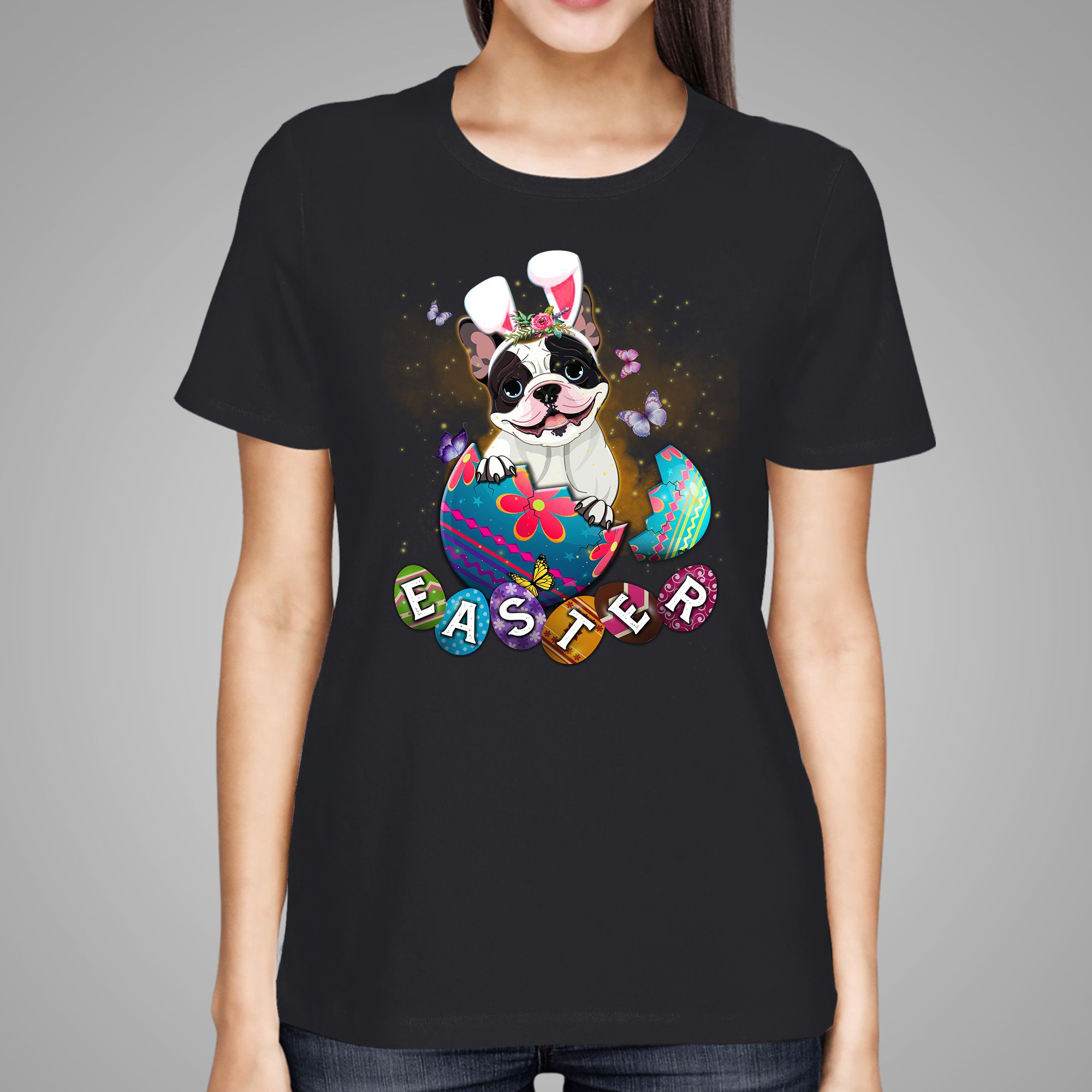 Bunny Headband French bulldog Colorful Eggs 2D Shirt For Girls On Easter Day