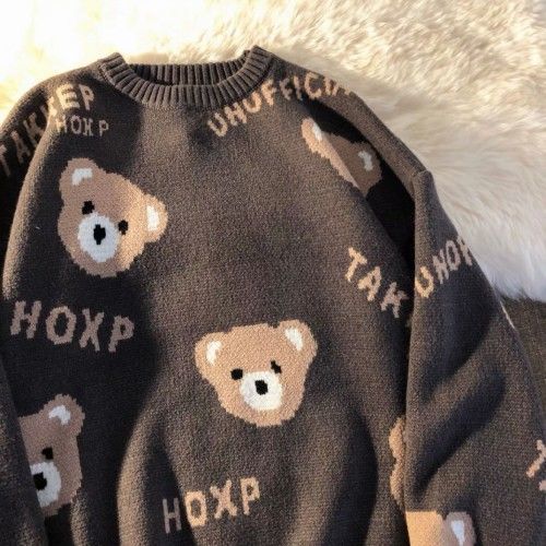 Cute Bear Wine Red Sweater Autumn Winter Couple Outfit Loose Wild Pullover Tops Womens 2022 Clothes Printing Long Sleeve O-neck alx