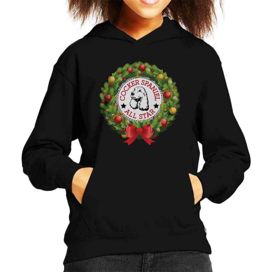 Cocker Spaniel All Star Christmas Wreath Kid’s Hooded Sweatshirt