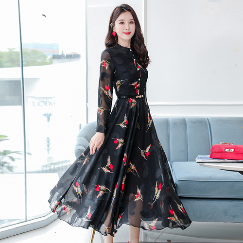 Vintage Chiffon Black Casual Midi Dress 2022 Autumn Winter Elegant Women Boho Prom Maxi Dress Party Long Sleeve Wedding Vestidos alx