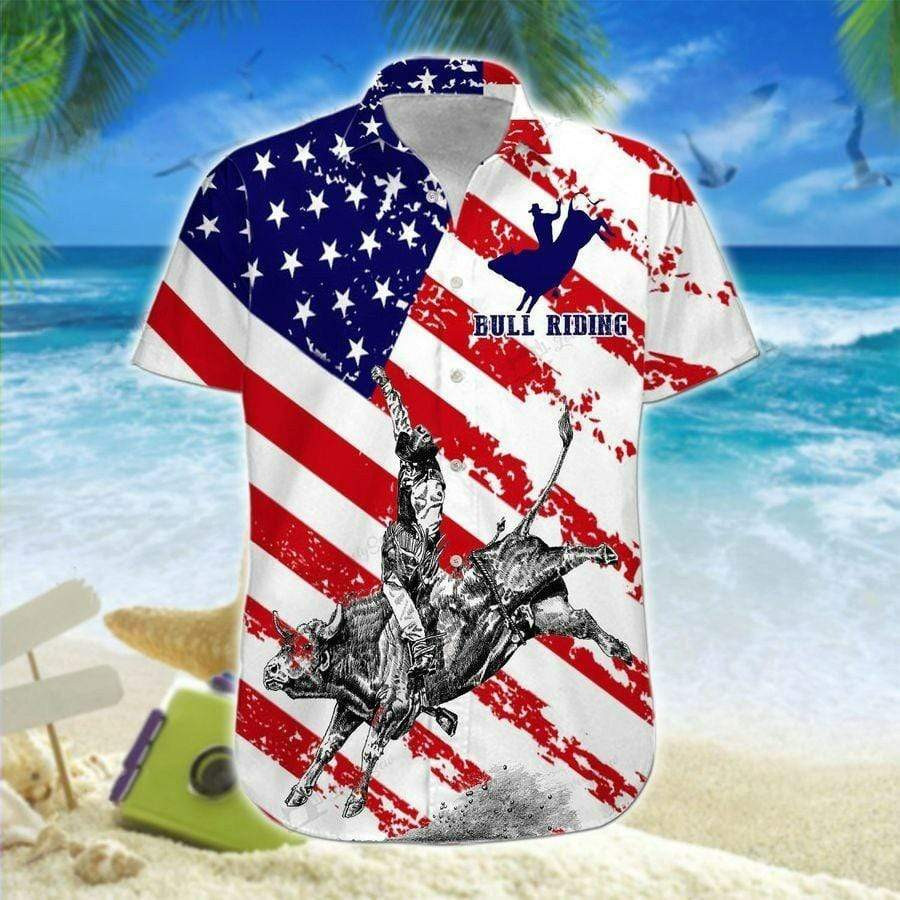 Bull Riding American Flag Pattern Hawaii Shirt Unisex Adult Ha78426