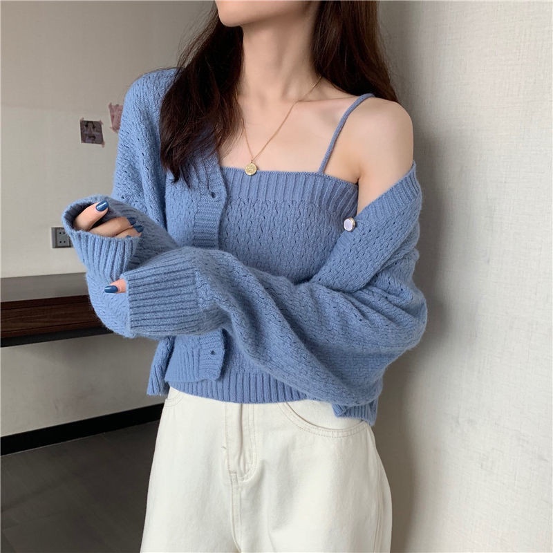 2 Piece Set Women Autumn Single Breasted Long Sleeve Sweater Women Cardigans +Kniited Sling Vest Suits Femme alx