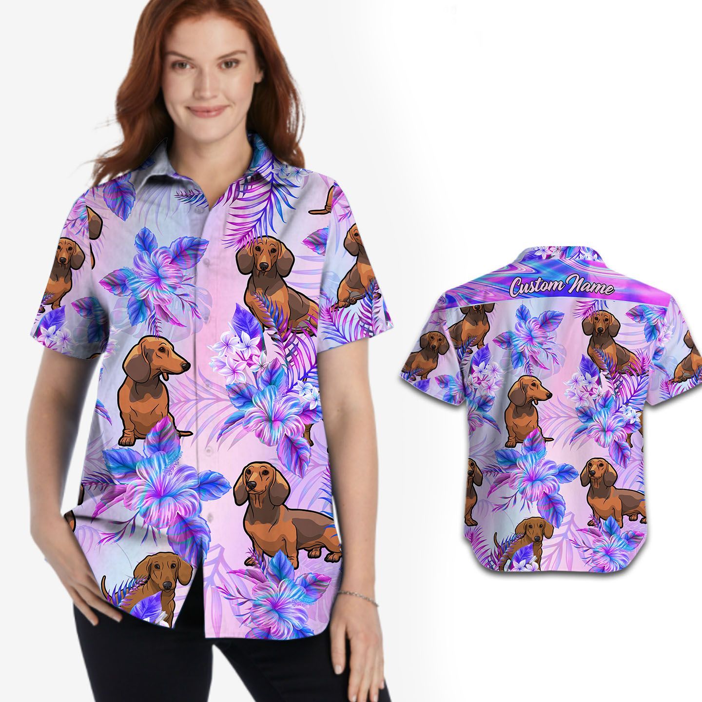 Beach Shirt Dachshund Holographic Tropical Flowers Custom Name Women Hawaiian Shirt