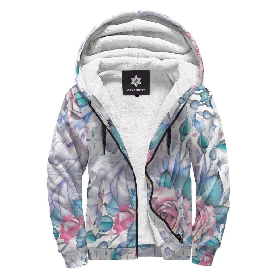 White Fairy Rose Unicorn Pattern Print Sherpa Lined Fleece Hoodie