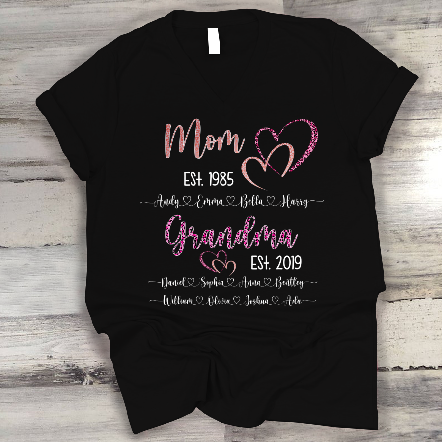 Mom Est Grandma Est And Kid Names Heart Leopard V-Neck