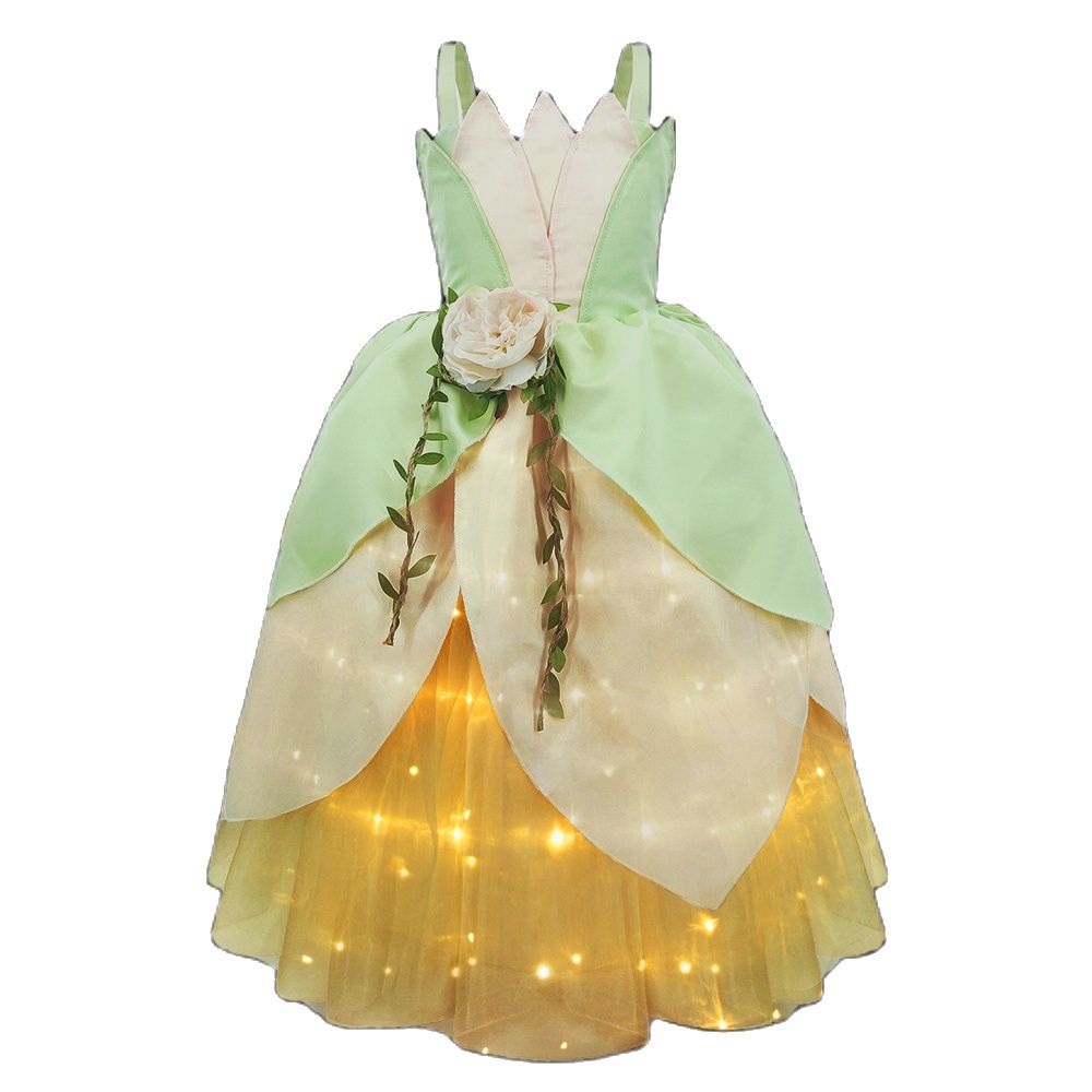 Uporpor LED Tiana Princess Charm Girls Dress Cosplay Party Costume Mother Kids Sleeveless Dress Princess and the Frog Vestido alx