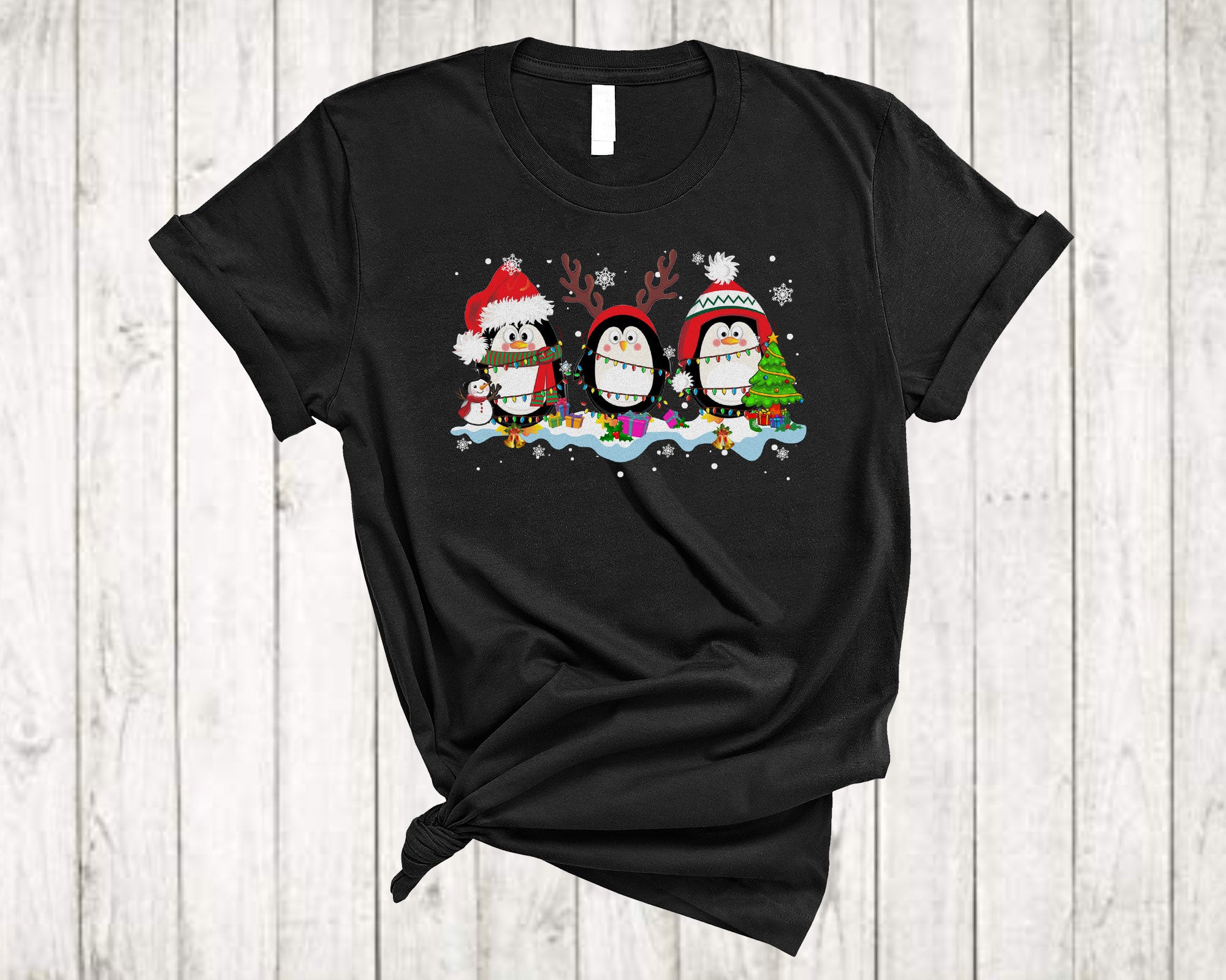 Christmas Animal Shirt Three Santa Elf Reindeer Penguin Cute Christmas Light Animal Lover T-Shirt