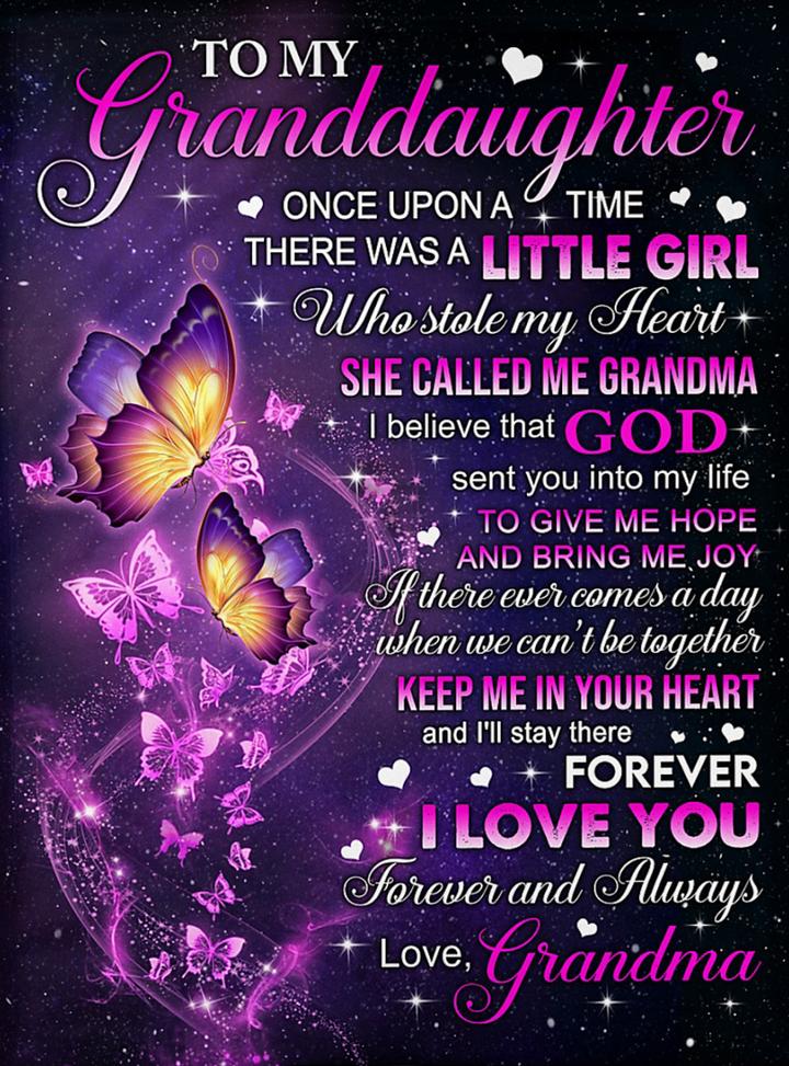 To My Granddaughter Fleece Blanket, Personalized Birthday Gift For Granddaughter From Grandma Blanket, Once Upon A Time There Was A Little Girl Purple Butterflies Blanket