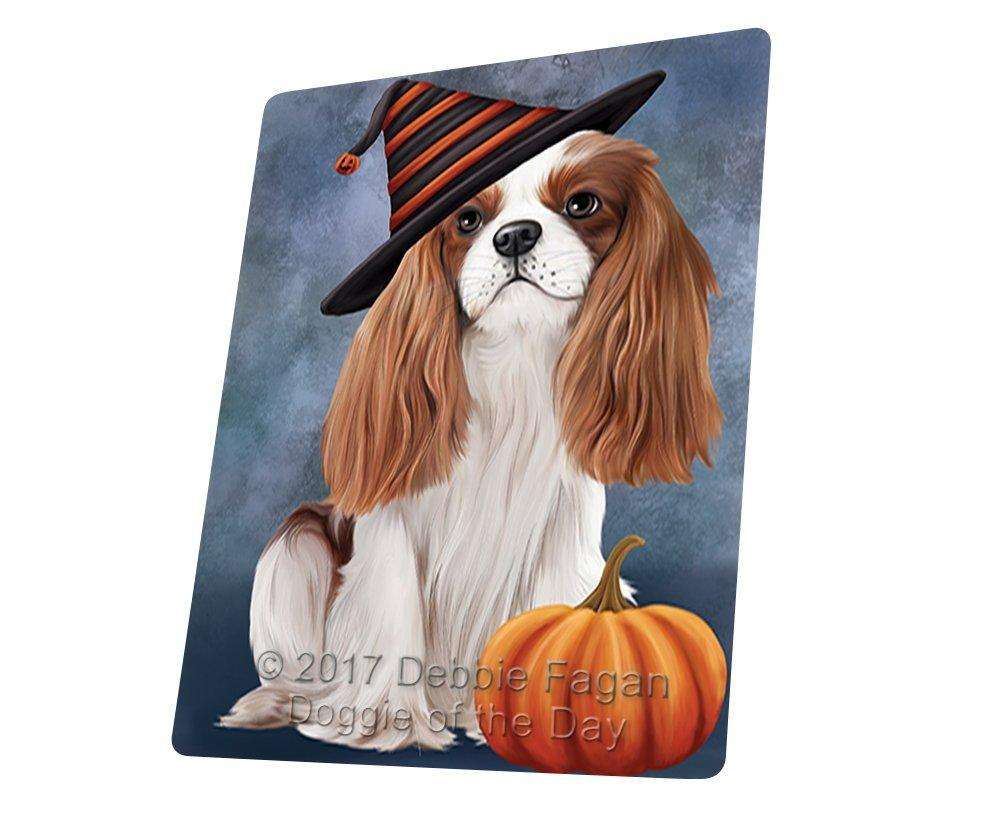 Happy Halloween Cavalier King Charles Spaniel Dog Wearing Witch Hat With Pumpkin Art Portrait Print Woven Throw Sherpa Plush Fleece Blanket