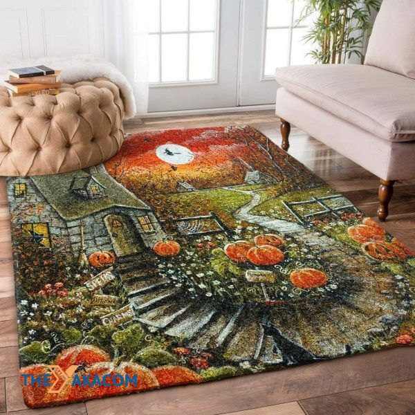 Castle And Beautiful Pumpkin Garden Happy Halloween Rectangle Area Rug Floor Decor