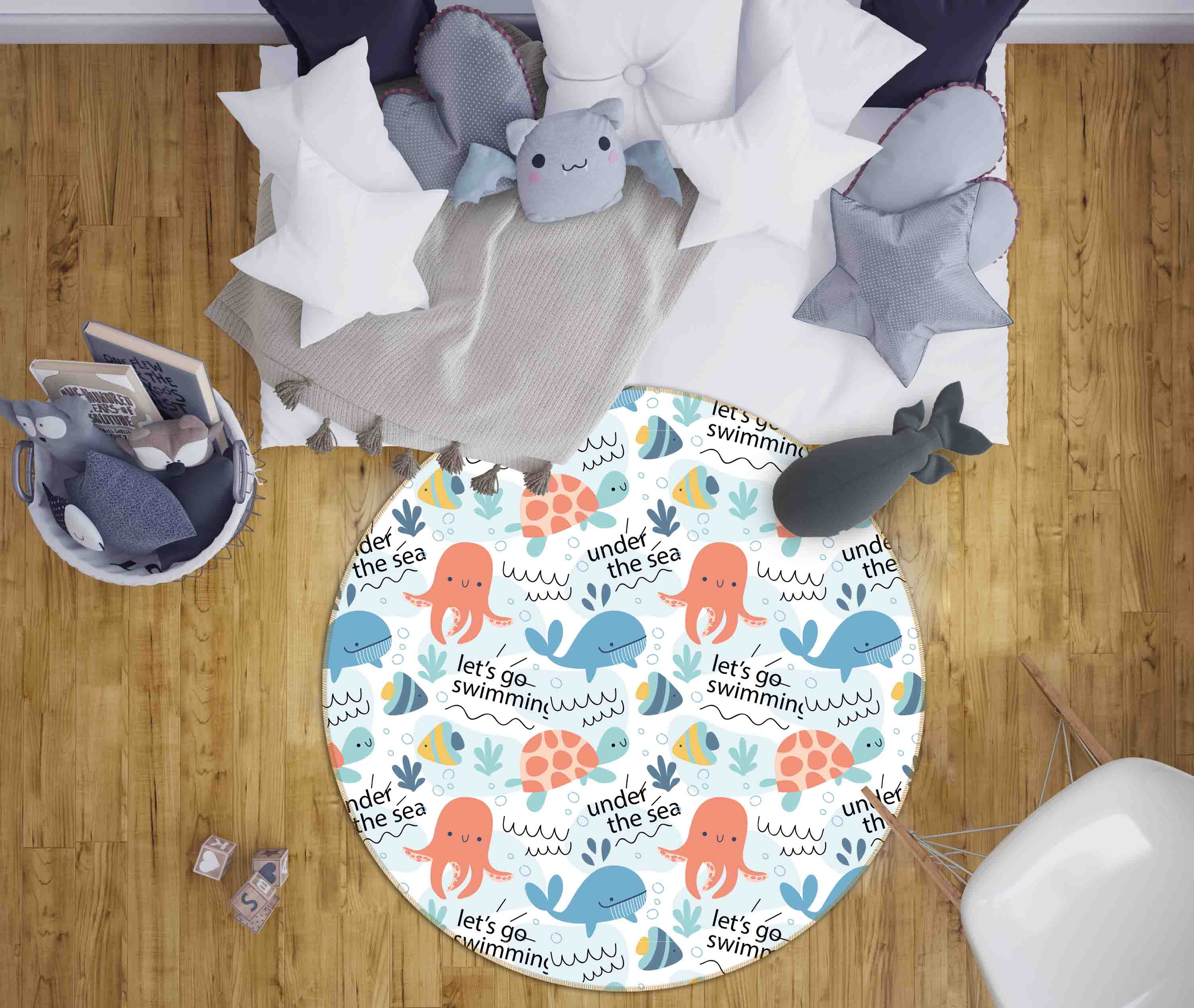 3D Cartoon Animal Octopus Turtle Dolphin Kids Non-Slip Round Rug Mat 64