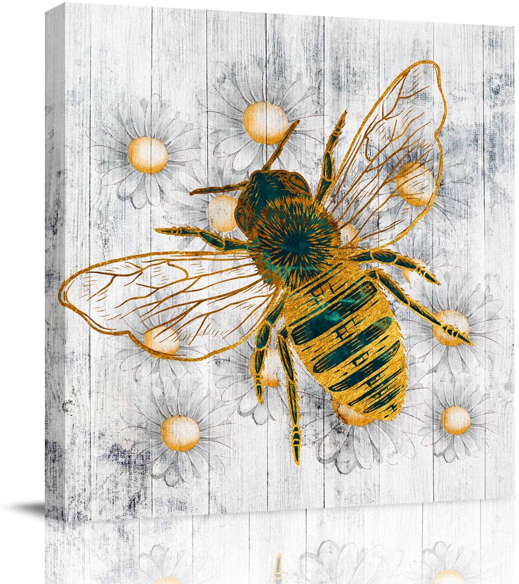 Square Canvas Wall Art Oil Painting, Spring Honey Bee Daisy Flowers Modern Artwork Photo Poster Animals Artworks For Living Room/Kitchen/Bedroom