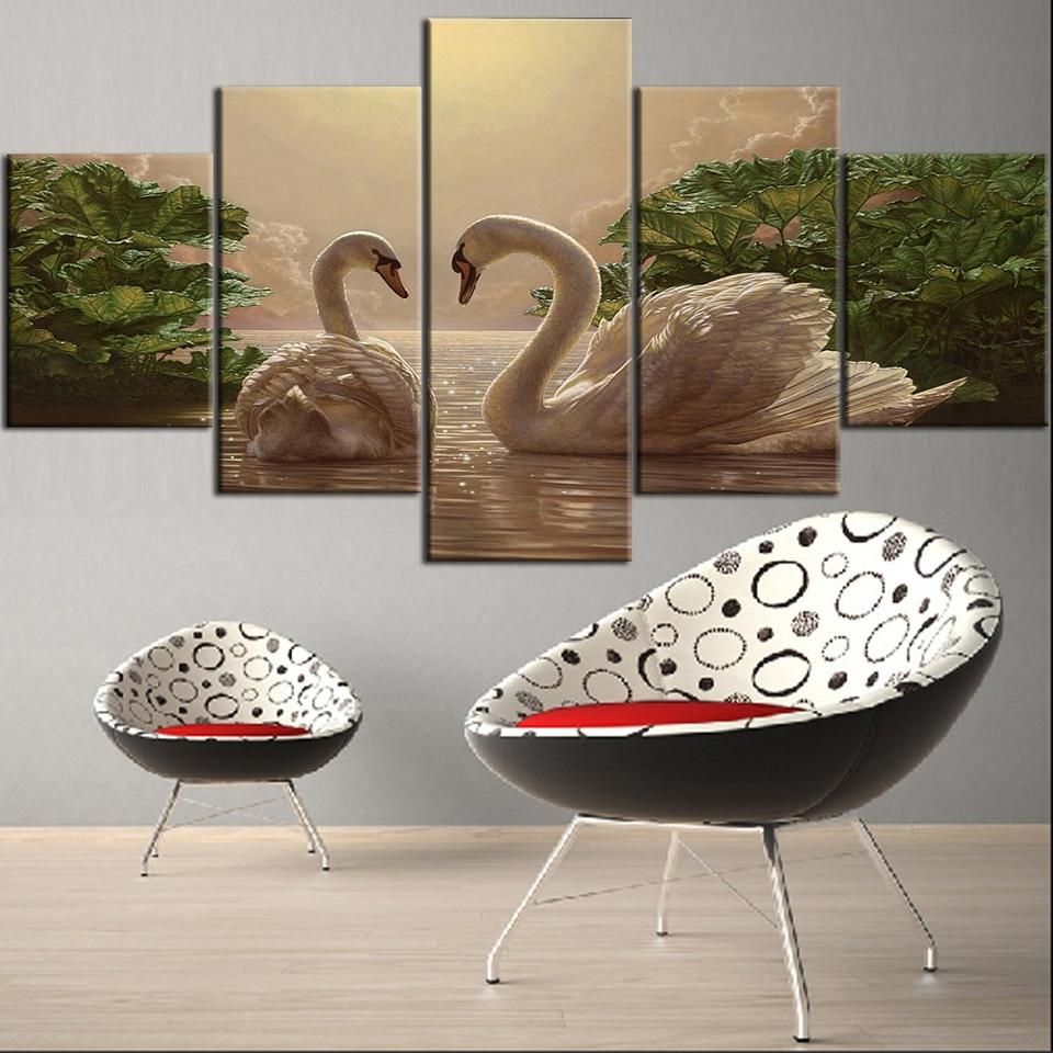 Swan 13 Animal 5 Panel Canvas Art Wall Decor