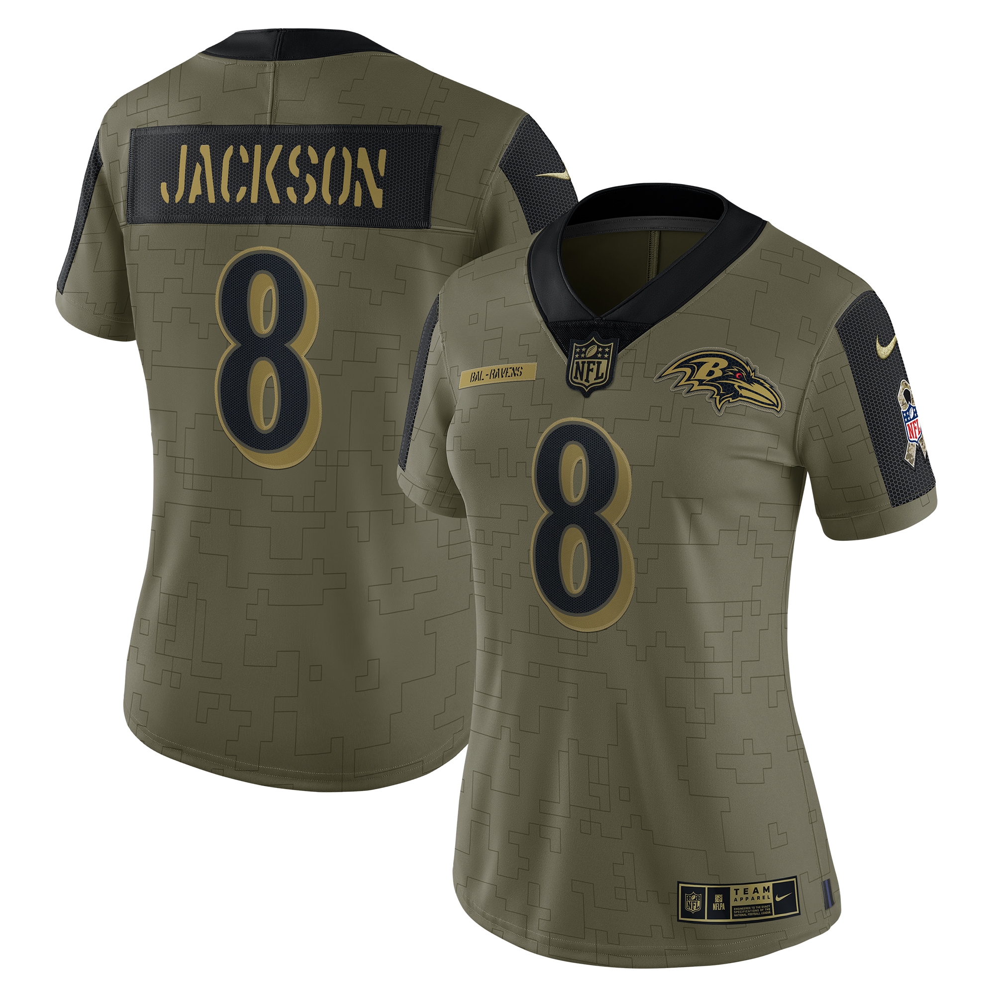 Women’s Baltimore Ravens Lamar Jackson Olive 2021 Salute To Service Limited Player Jersey