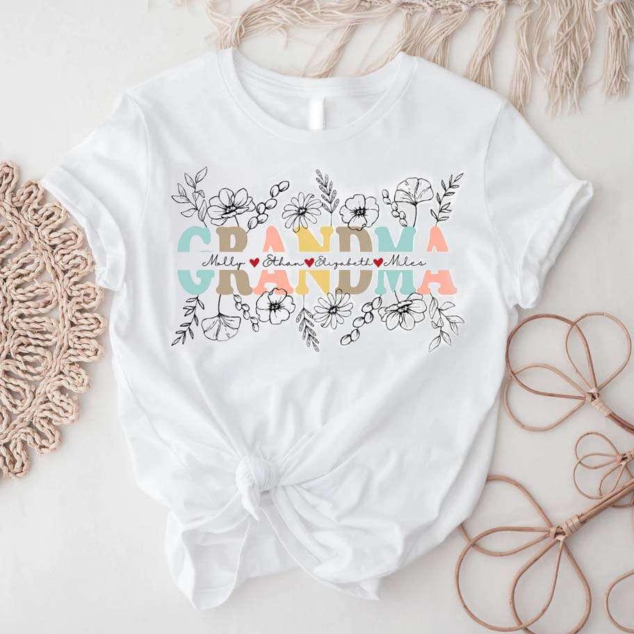 Customizable Grandma Line Floral Custom Grandkid Name, Gift Mother’S Day Shirt