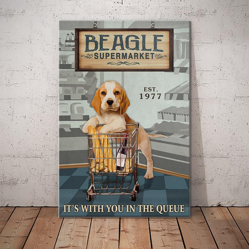 Beagle Dog Canvas And Poster In Supermarket It’s With You In The Queue | Art Print | Home Decor | Room Decor | Wall Art