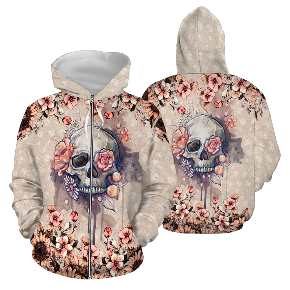 ViticFashion™ skull & flower- cream shade salmon pink detail- ultra soft 3D all over printed XL zip-hoodie