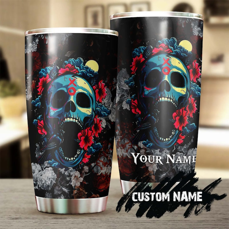 Skull Flower Small Bird Personalized Fancy Unique Tumbler-Skull Tumbler-Skull Birthday Gift Christmas Gift For Her For Him