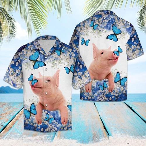 Aloha Shirt Pig Blue And White Flower Hawaiian Shirt | Unisex | Adult | Hw6356