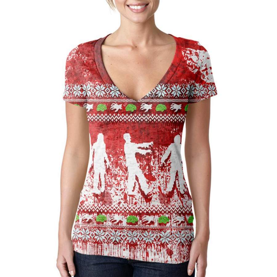 Ugly Christmas Sweater Bloody Zombie Attack Survivor Juniors Burnout V-Neck T-Shirt