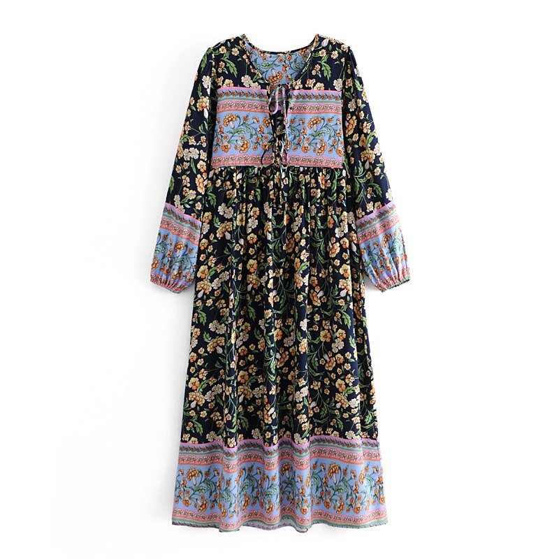 Boho Vintage women long sleeve ethnic Floral print beach Bohemian v-neck Maxi dress Ladies rayon cotton Summer sundress alx