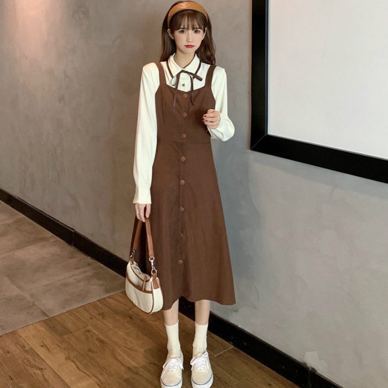 Women Sets 2 Piece Bow Shirts Button High Waist A-line Dress Elastic Draped Mid-calf Skirts Sweet College Korean Style Casual alx