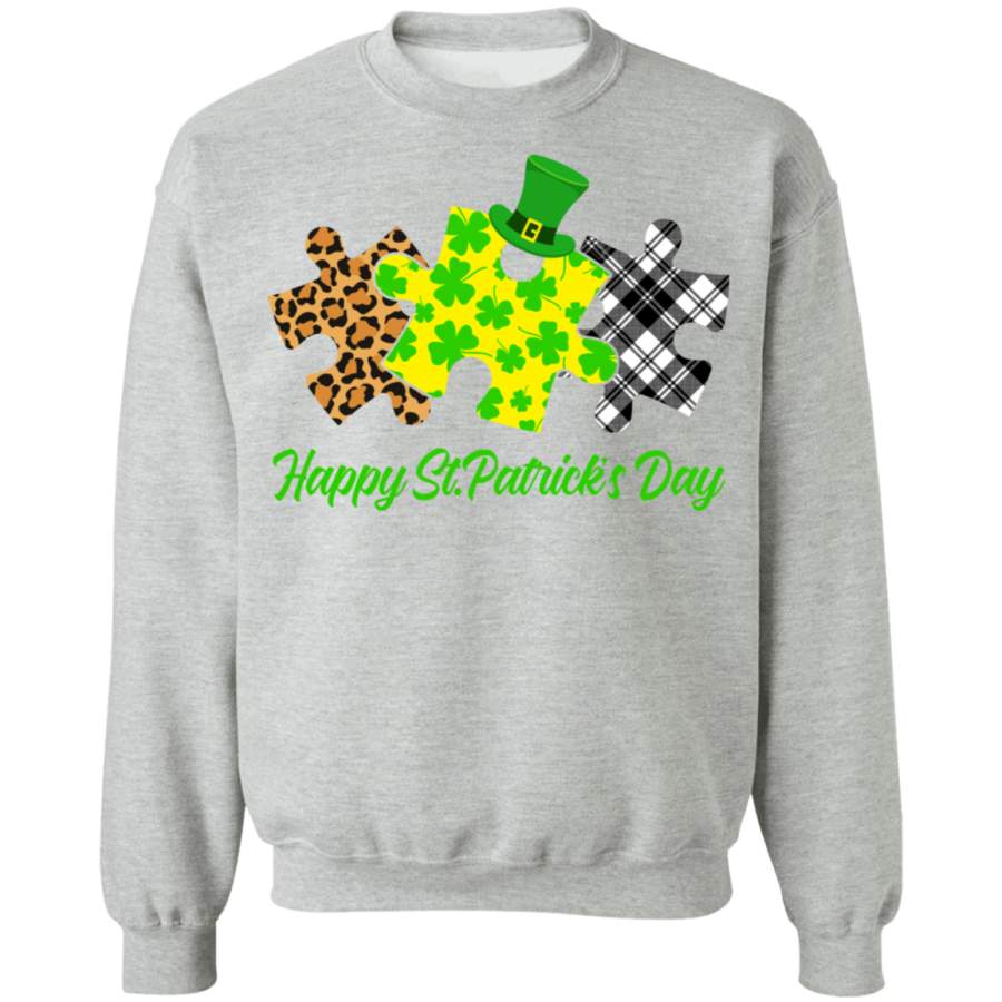 Puzzle Pieces Shamrock White Leopard Plaid Autism Awareness Autistic Children Autism Patient Kids Men Women St Patty’s Day Crewneck Sweatshirt