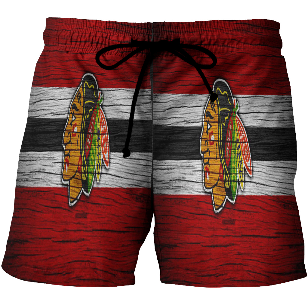 Chicago Blackhawks Emblem Wood2 3D All Over Print Summer Beach Hawaiian Short