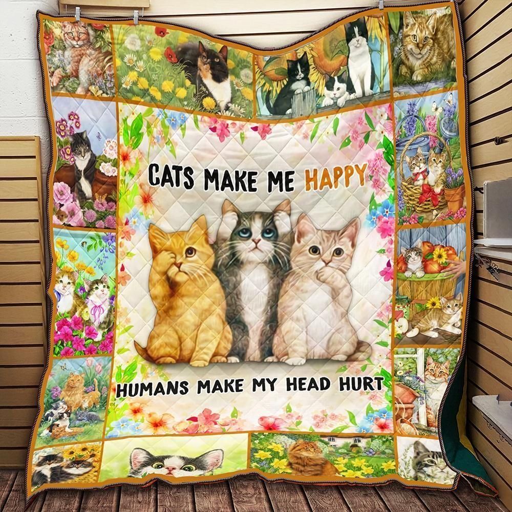 Cats Cute Kitten Cats make me happy Cat and flowers Quilt Blanket