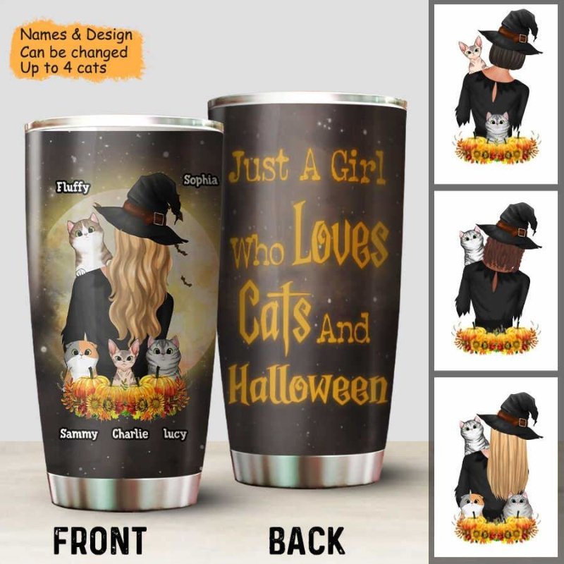 A Girl Loves Cats And Halloween Personalized Tumbler For Cat Mom